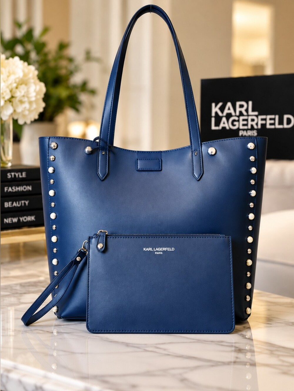 Karl Lagerfeld Paris Large Navy Studded Tote + Removable Pouch